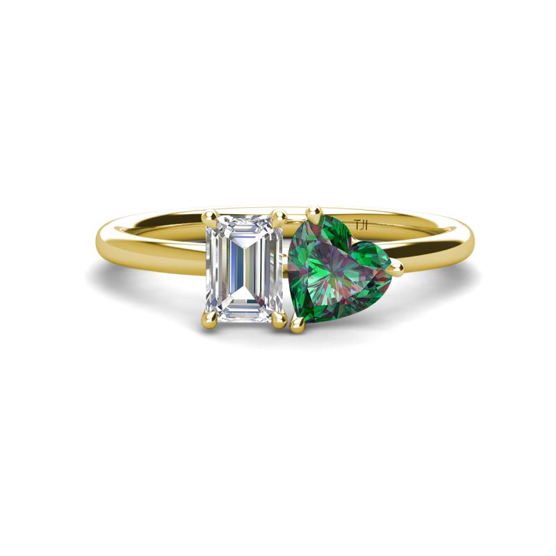 Esther GIA Certified Emerald Shape Diamond & Heart Shape Lab Created Alexandrite 2 Stone Duo Ring 