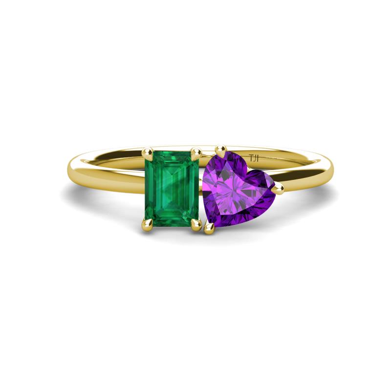 Esther Emerald Shape Lab Created Emerald & Heart Shape Amethyst 2 Stone Duo Ring 