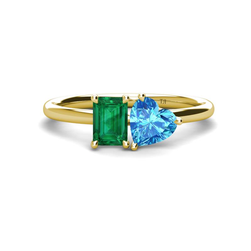 Esther Emerald Shape Lab Created Emerald & Heart Shape Blue Topaz 2 Stone Duo Ring 