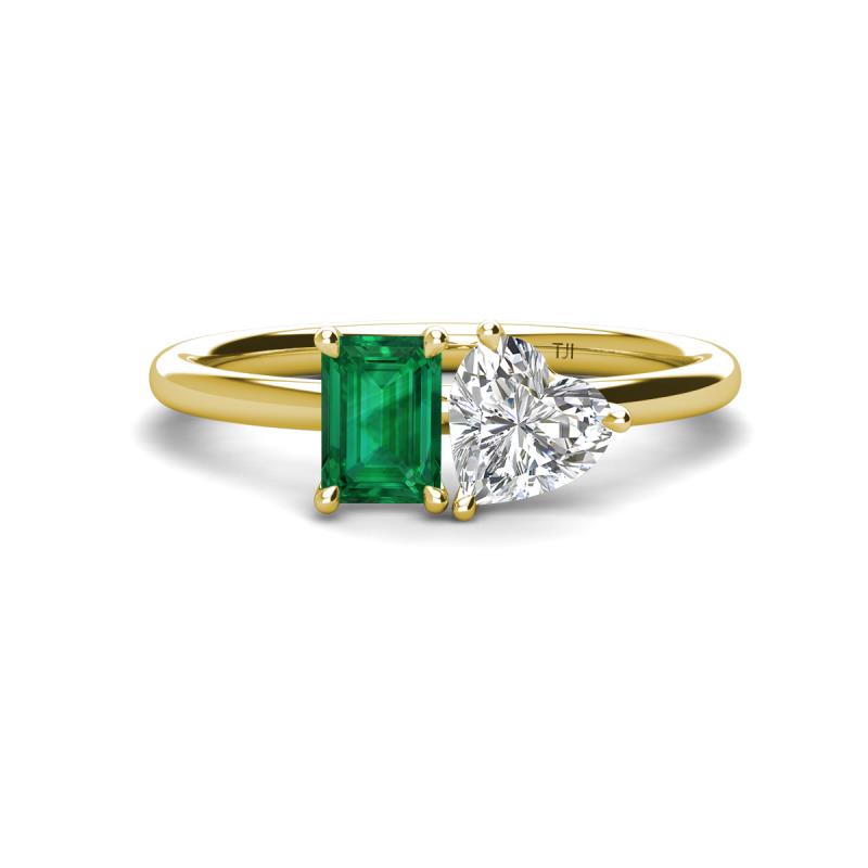 Esther GIA Certified Heart Shape Diamond & Emerald Shape Lab Created Emerald 2 Stone Duo Ring 