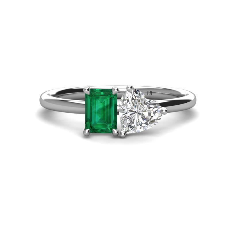 Esther IGI Certified Heart Shape Lab Grown Diamond & Emerald Shape Lab Created Emerald 2 Stone Duo Ring 