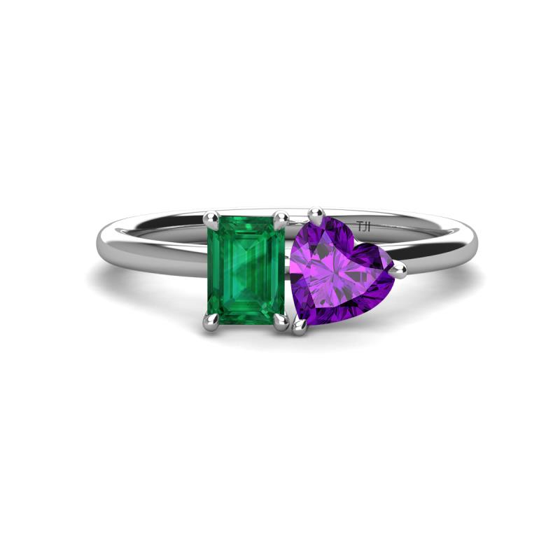Esther Emerald Shape Lab Created Emerald & Heart Shape Amethyst 2 Stone Duo Ring 