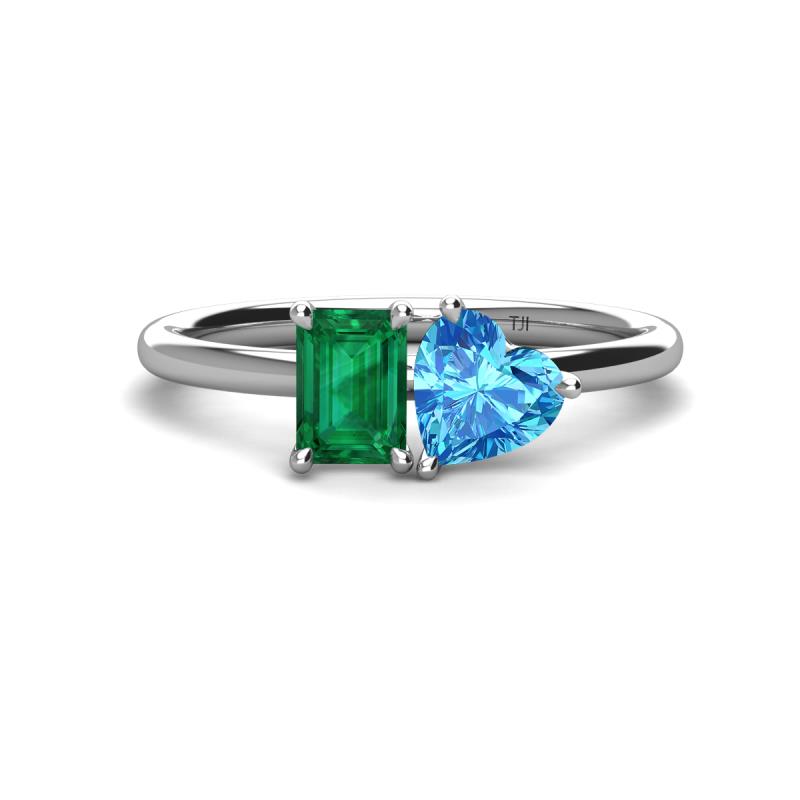 Esther Emerald Shape Lab Created Emerald & Heart Shape Blue Topaz 2 Stone Duo Ring 