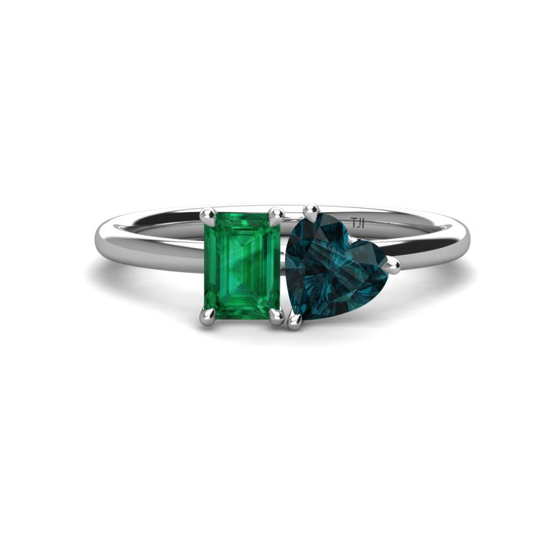 Esther Emerald Shape Lab Created Emerald & Heart Shape London Blue Topaz 2 Stone Duo Ring 