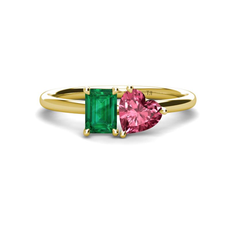 Esther Emerald Shape Lab Created Emerald & Heart Shape Pink Tourmaline 2 Stone Duo Ring 