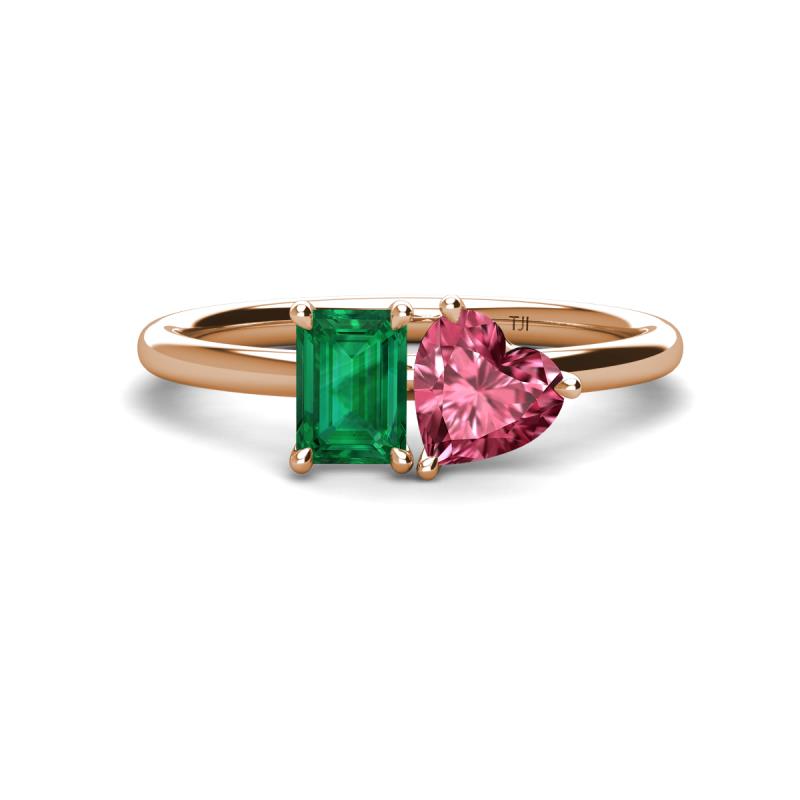 Esther Emerald Shape Lab Created Emerald & Heart Shape Pink Tourmaline 2 Stone Duo Ring 