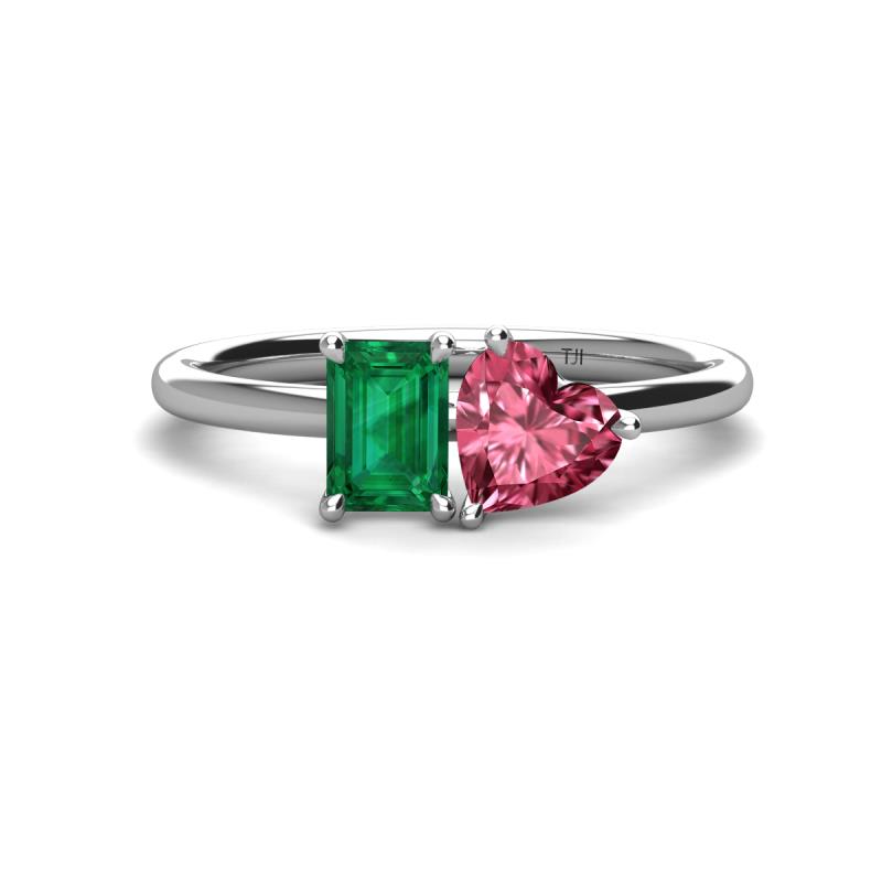 Esther Emerald Shape Lab Created Emerald & Heart Shape Pink Tourmaline 2 Stone Duo Ring 