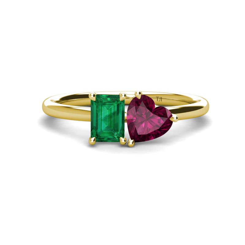 Esther Emerald Shape Lab Created Emerald & Heart Shape Rhodolite Garnet 2 Stone Duo Ring 