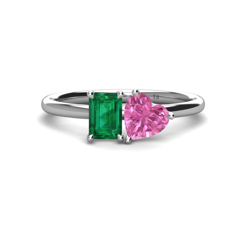 Esther Emerald Shape Lab Created Emerald & Heart Shape Pink Sapphire 2 Stone Duo Ring 