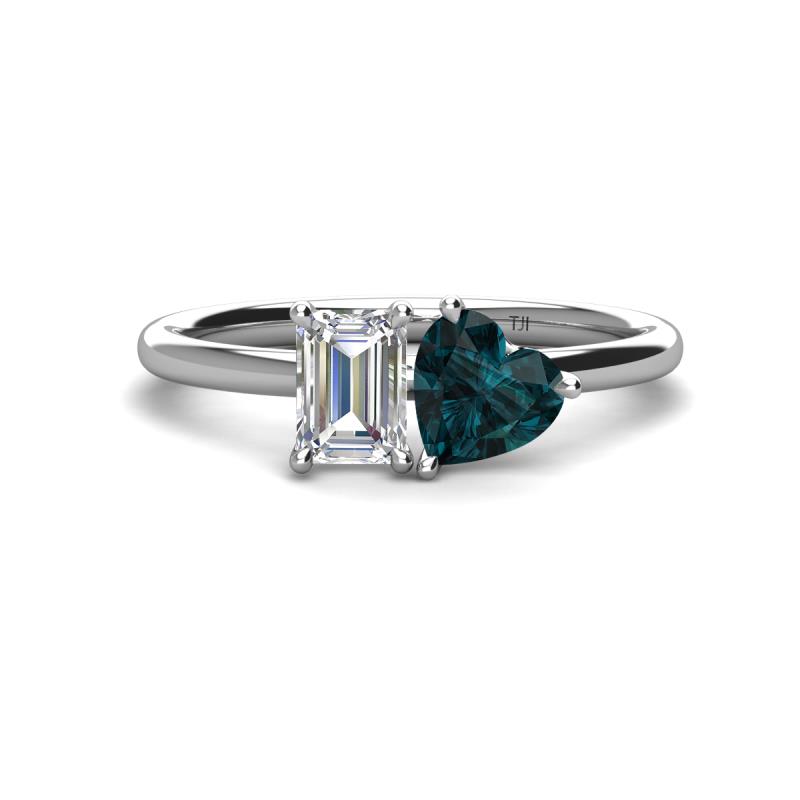 Esther IGI Certified Emerald Shape Lab Grown Diamond & Heart Shape London Blue Topaz 2 Stone Duo Ring 