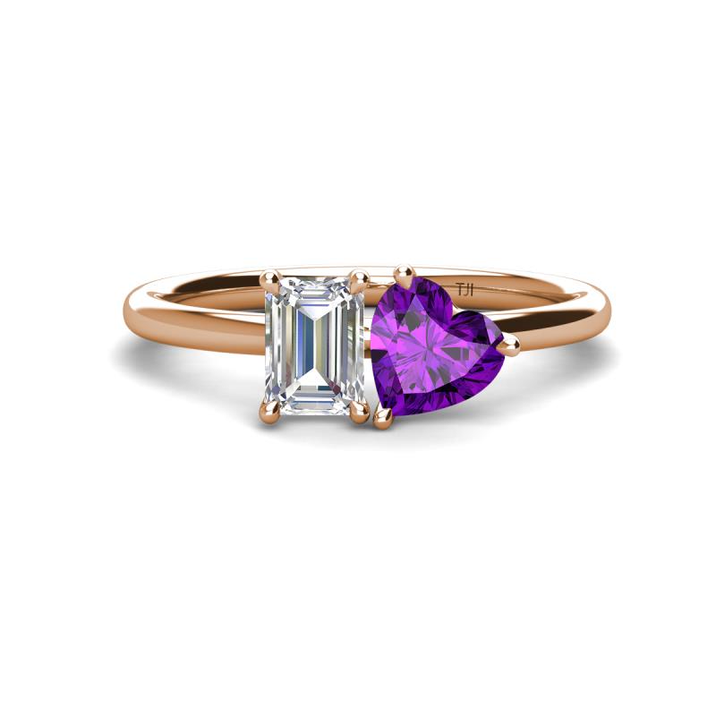 Esther IGI Certified Emerald Shape Lab Grown Diamond & Heart Shape Amethyst 2 Stone Duo Ring 