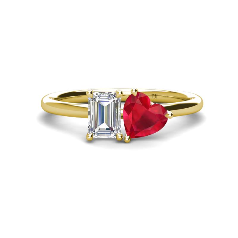 Esther IGI Certified Emerald Shape Lab Grown Diamond & Heart Shape Lab Created Ruby 2 Stone Duo Ring 