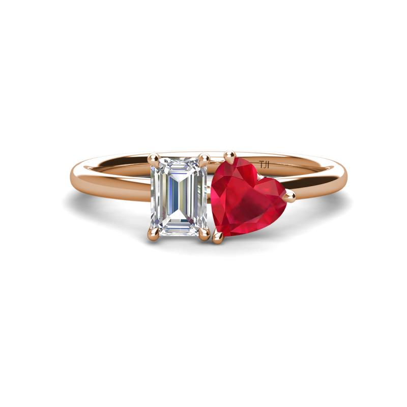 Esther IGI Certified Emerald Shape Lab Grown Diamond & Heart Shape Lab Created Ruby 2 Stone Duo Ring 