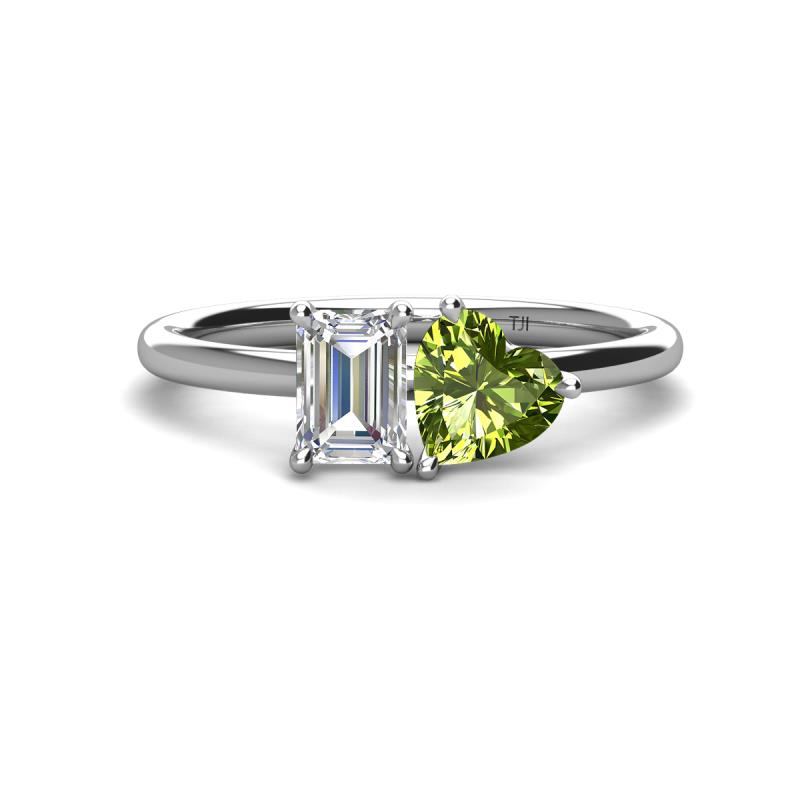 Esther IGI Certified Emerald Shape Lab Grown Diamond & Heart Shape Peridot 2 Stone Duo Ring 