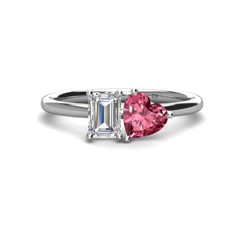 Esther IGI Certified Emerald Shape Lab Grown Diamond & Heart Shape Pink Tourmaline 2 Stone Duo Ring 