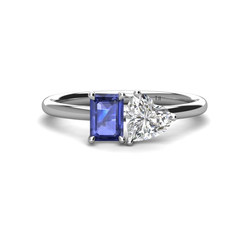 Esther GIA Certified Heart Shape Diamond & Emerald Shape Iolite 2 Stone Duo Ring 