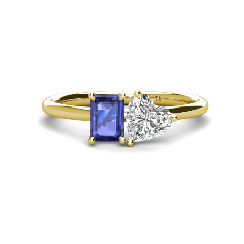 Esther GIA Certified Heart Shape Diamond & Emerald Shape Iolite 2 Stone Duo Ring 
