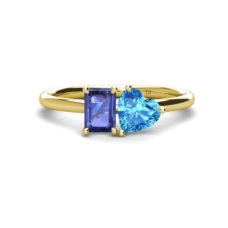 Esther Emerald Shape Iolite & Heart Shape Blue Topaz 2 Stone Duo Ring 