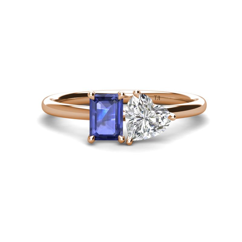 Esther IGI Certified Heart Shape Lab Grown Diamond & Emerald Shape Iolite 2 Stone Duo Ring 