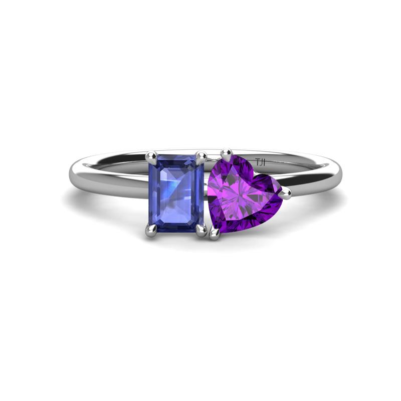 Esther Emerald Shape Iolite & Heart Shape Amethyst 2 Stone Duo Ring 