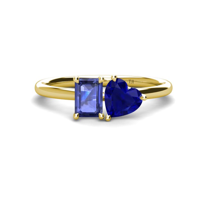 Esther Emerald Shape Iolite & Heart Shape Lab Created Blue Sapphire 2 Stone Duo Ring 