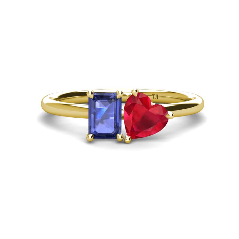 Esther Emerald Shape Iolite & Heart Shape Lab Created Ruby 2 Stone Duo Ring 