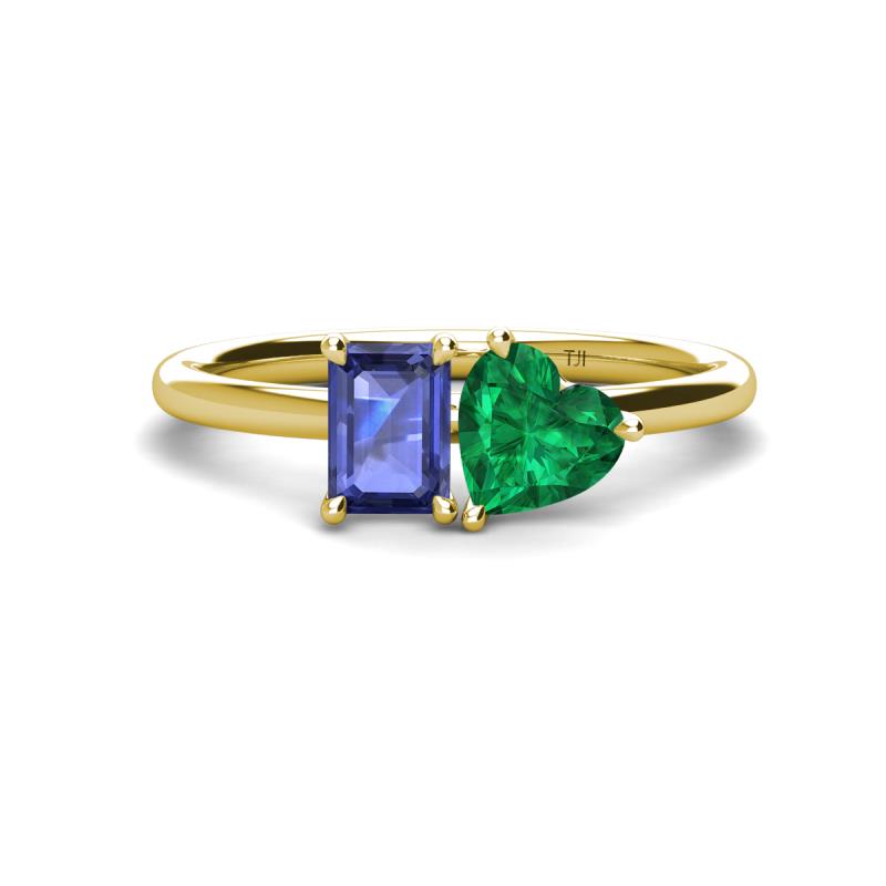 Esther Emerald Shape Iolite & Heart Shape Lab Created Emerald 2 Stone Duo Ring 