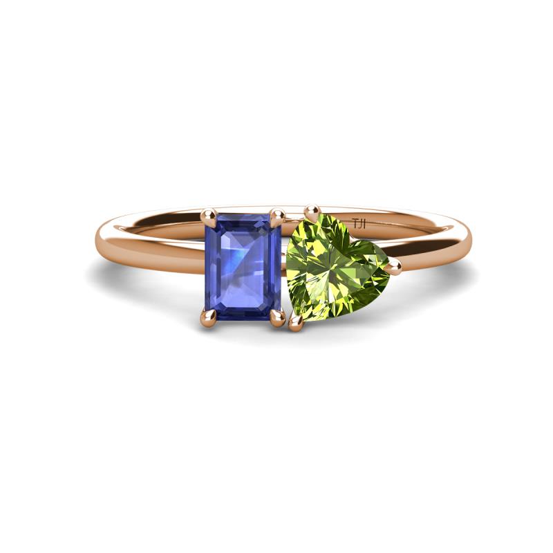 Esther Emerald Shape Iolite & Heart Shape Peridot 2 Stone Duo Ring 