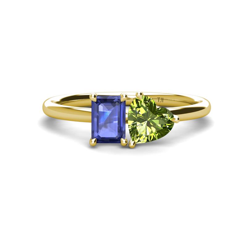 Esther Emerald Shape Iolite & Heart Shape Peridot 2 Stone Duo Ring 