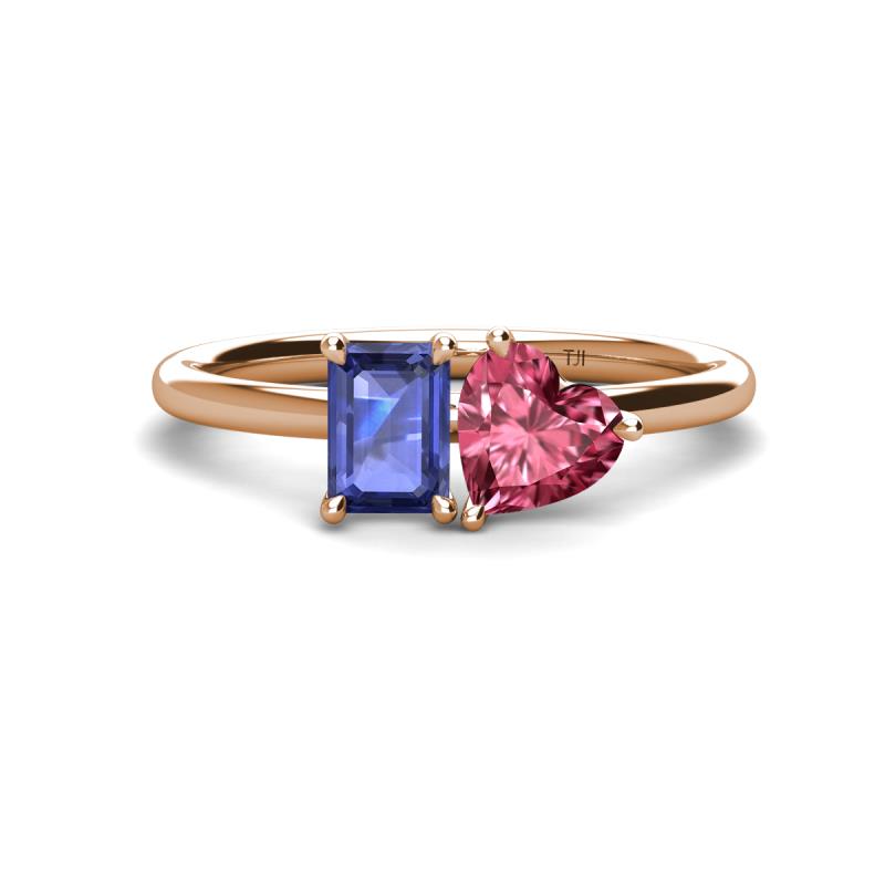 Esther Emerald Shape Iolite & Heart Shape Pink Tourmaline 2 Stone Duo Ring 