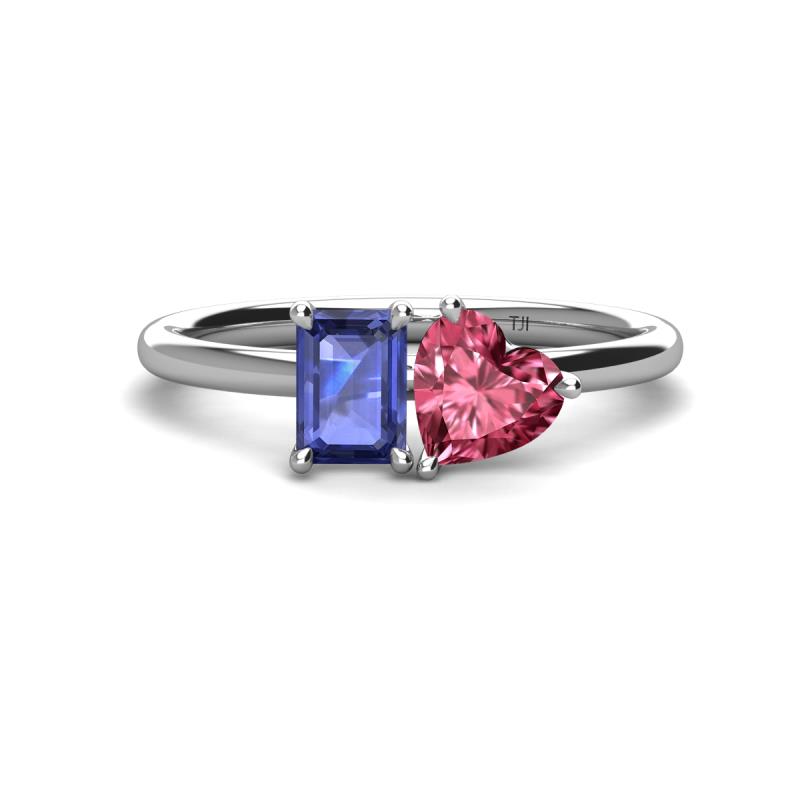 Esther Emerald Shape Iolite & Heart Shape Pink Tourmaline 2 Stone Duo Ring 