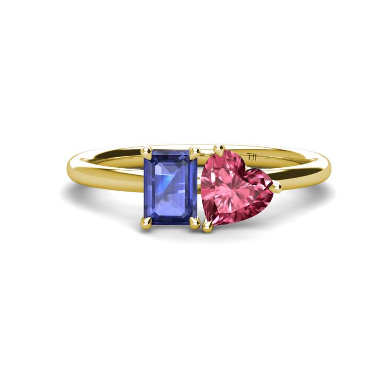 Esther Emerald Shape Iolite & Heart Shape Pink Tourmaline 2 Stone Duo Ring 