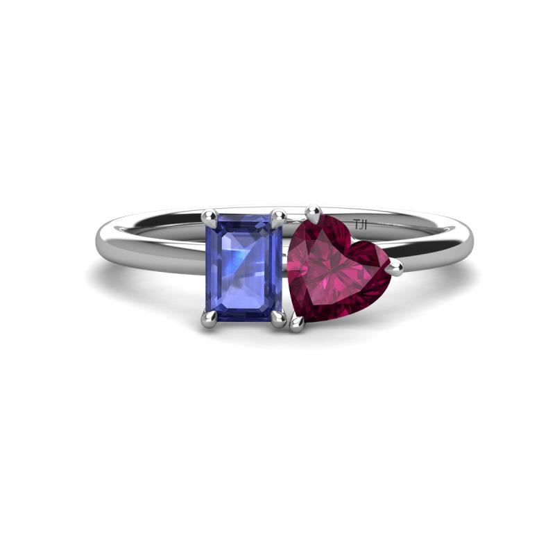 Esther Emerald Shape Iolite & Heart Shape Rhodolite Garnet 2 Stone Duo Ring 