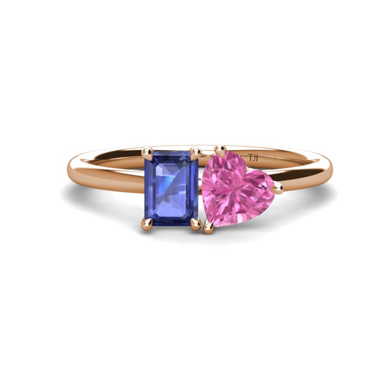 Esther Emerald Shape Iolite & Heart Shape Pink Sapphire 2 Stone Duo Ring 