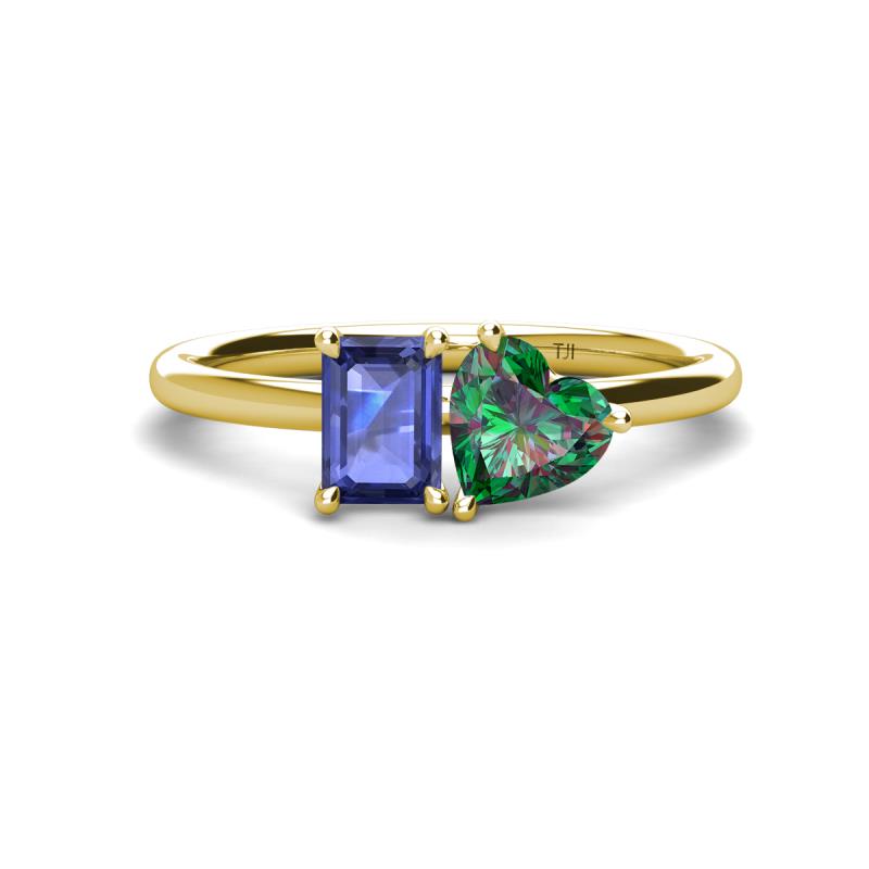 Esther Emerald Shape Iolite & Heart Shape Lab Created Alexandrite 2 Stone Duo Ring 