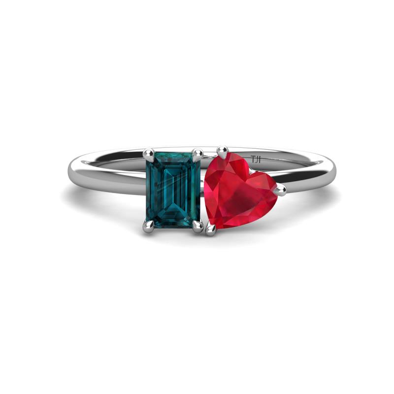 Esther Emerald Shape London Blue Topaz & Heart Shape Lab Created Ruby 2 Stone Duo Ring 