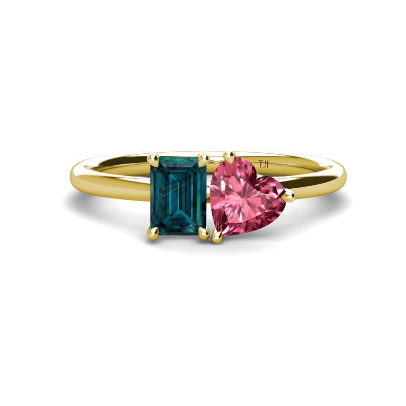 Esther Emerald Shape London Blue Topaz & Heart Shape Pink Tourmaline 2 Stone Duo Ring 