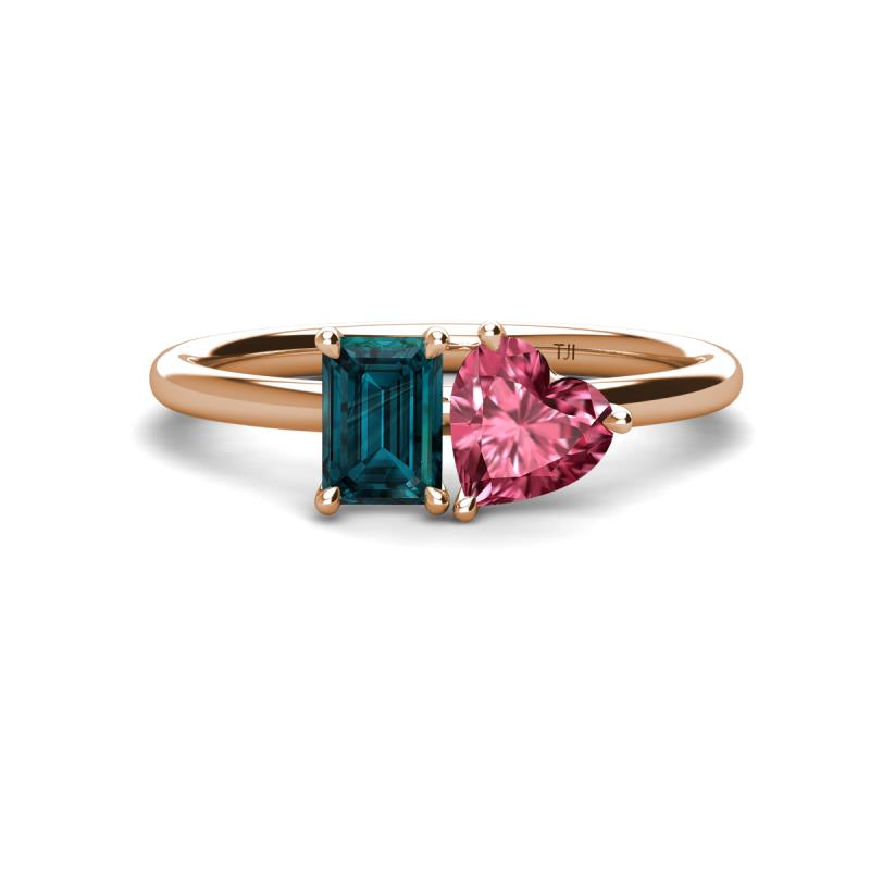 Esther Emerald Shape London Blue Topaz & Heart Shape Pink Tourmaline 2 Stone Duo Ring 