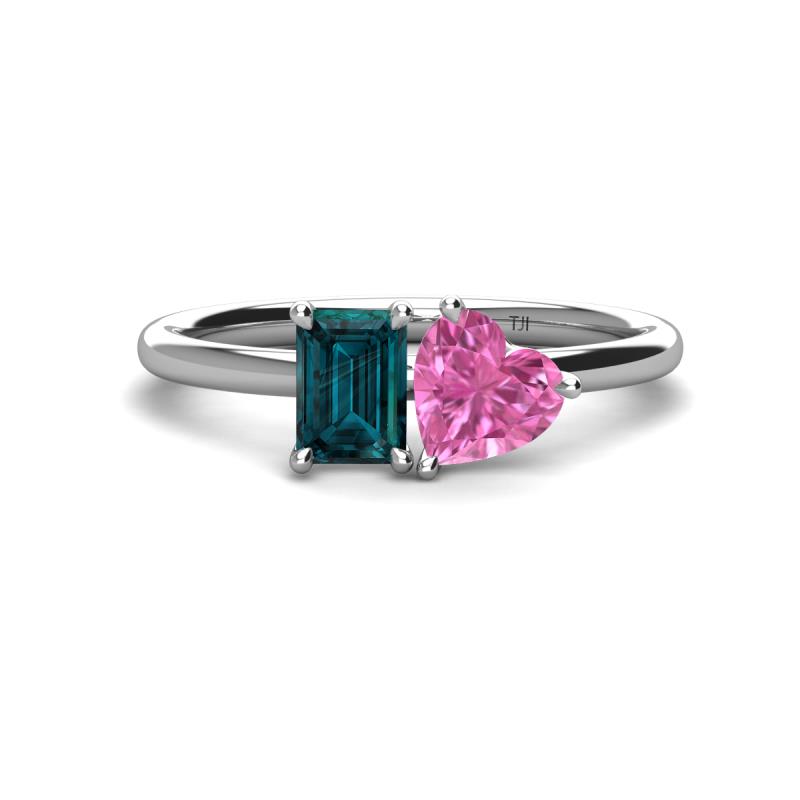 Esther Emerald Shape London Blue Topaz & Heart Shape Pink Sapphire 2 Stone Duo Ring 