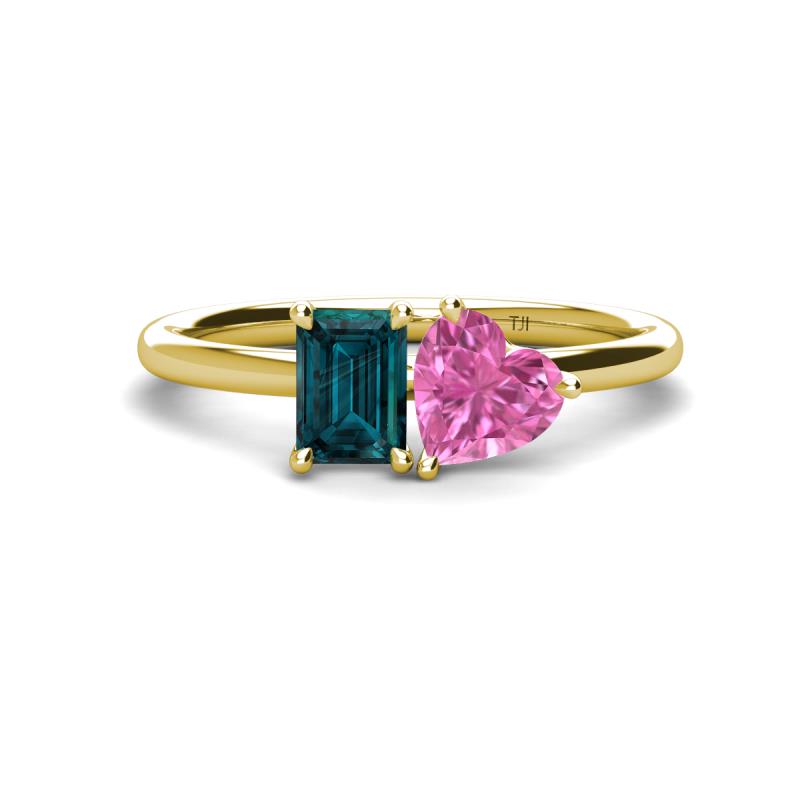 Esther Emerald Shape London Blue Topaz & Heart Shape Pink Sapphire 2 Stone Duo Ring 