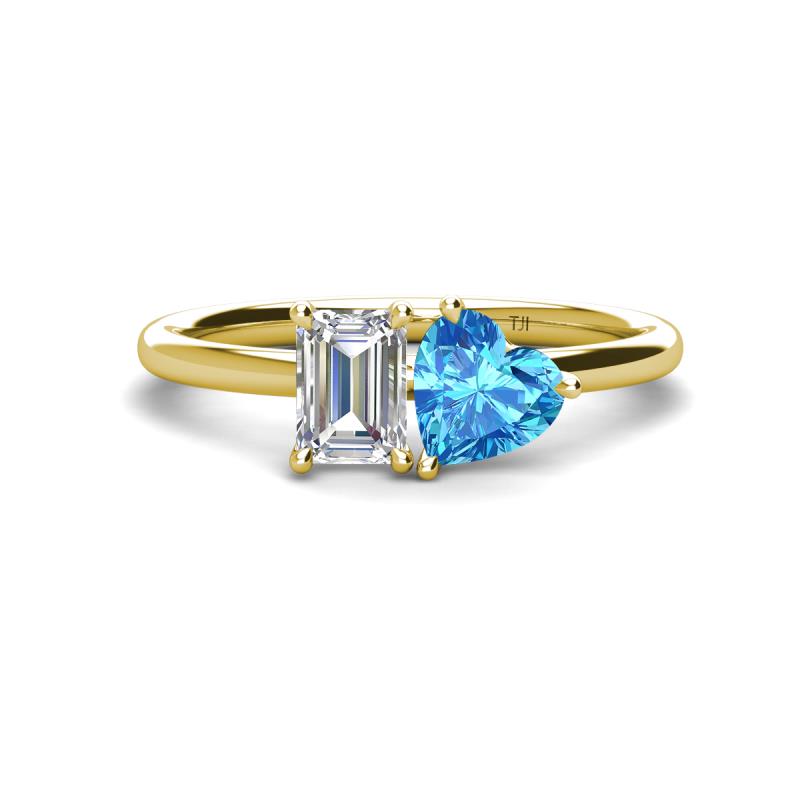 Esther Emerald Shape Forever Brilliant Moissanite & Heart Shape Blue Topaz 2 Stone Duo Ring 