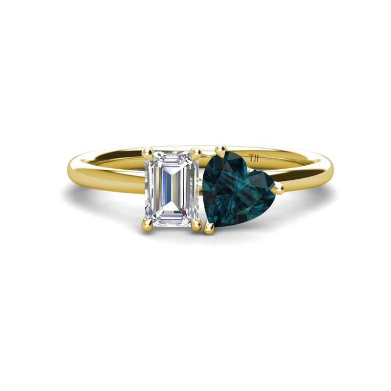 Esther Emerald Shape Forever Brilliant Moissanite & Heart Shape London Blue Topaz 2 Stone Duo Ring 