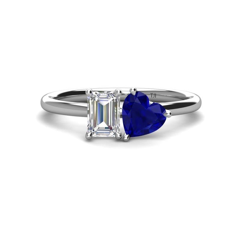 Esther Emerald Shape Forever Brilliant Moissanite & Heart Shape Lab Created Blue Sapphire 2 Stone Duo Ring 