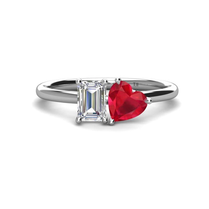 Esther Emerald Shape Forever Brilliant Moissanite & Heart Shape Lab Created Ruby 2 Stone Duo Ring 