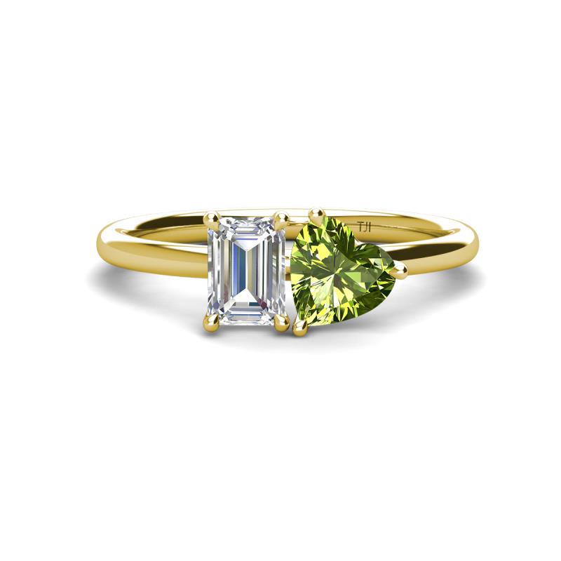 Esther Emerald Shape Forever One Moissanite & Heart Shape Peridot 2 Stone Duo Ring 