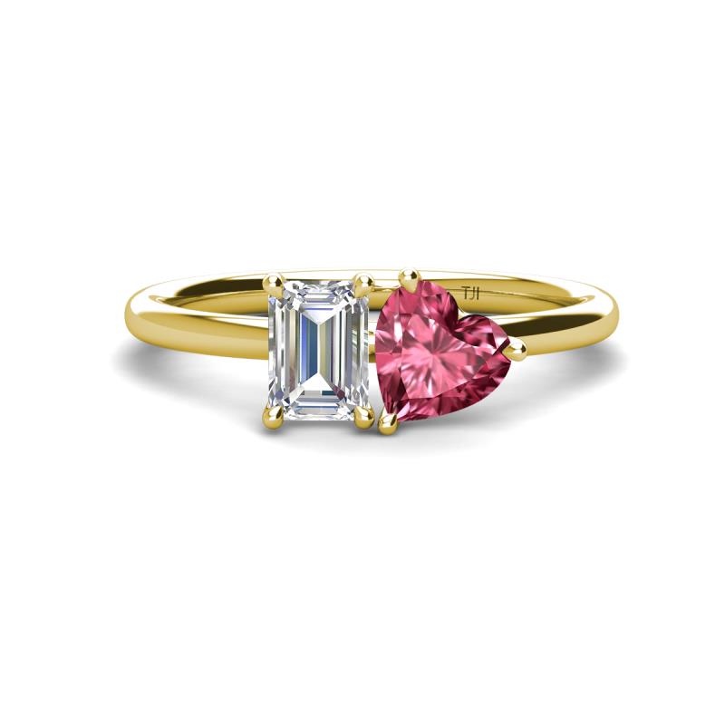 Esther Emerald Shape Forever One Moissanite & Heart Shape Pink Tourmaline 2 Stone Duo Ring 