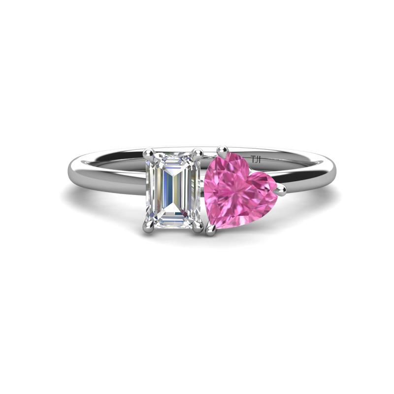 Esther Emerald Shape Forever Brilliant Moissanite & Heart Shape Pink Sapphire 2 Stone Duo Ring 