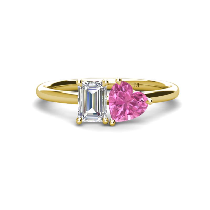 Esther Emerald Shape Forever Brilliant Moissanite & Heart Shape Pink Sapphire 2 Stone Duo Ring 