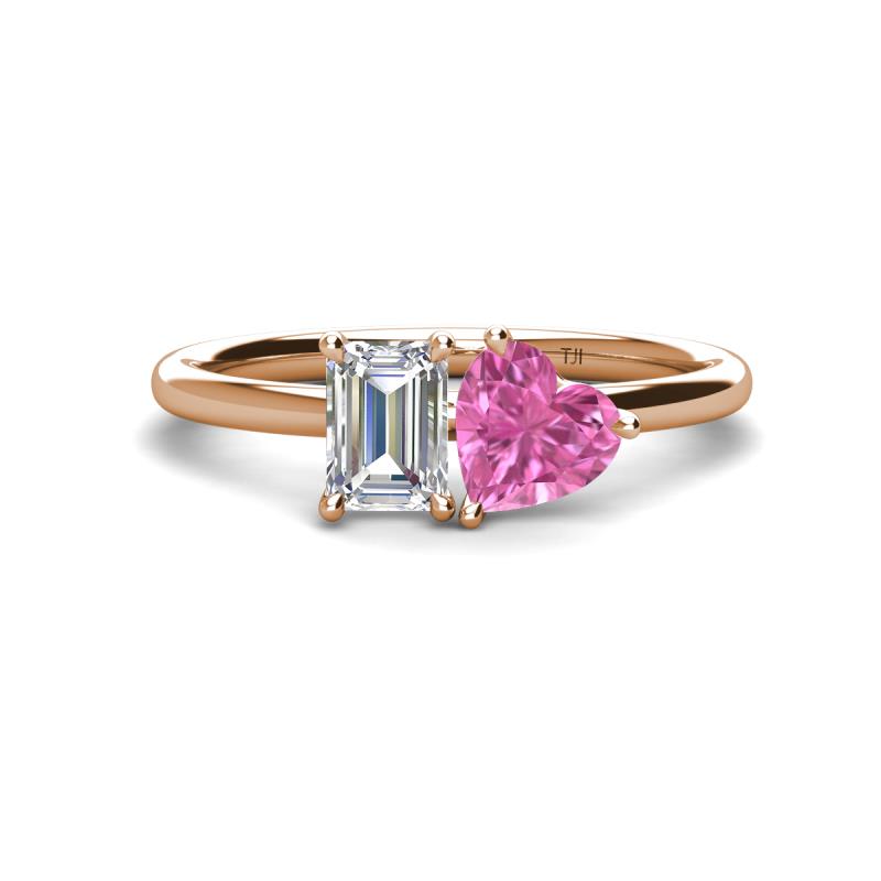 Esther Emerald Shape Forever Brilliant Moissanite & Heart Shape Pink Sapphire 2 Stone Duo Ring 
