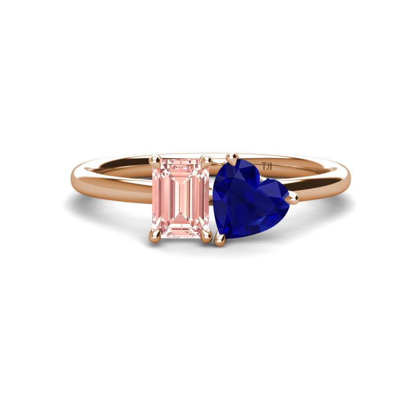 Esther Emerald Shape Morganite & Heart Shape Lab Created Blue Sapphire 2 Stone Duo Ring 